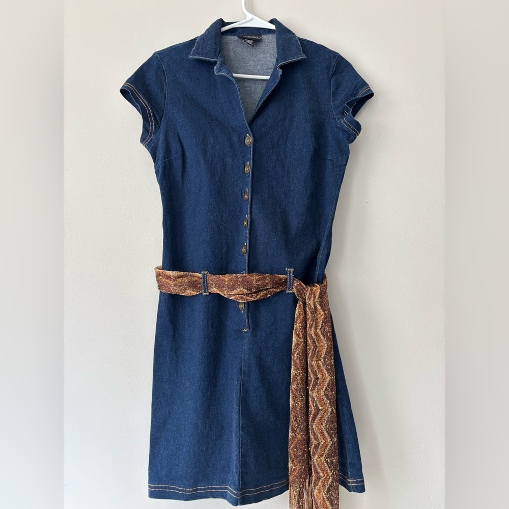 Y2K Denim streetwear Navy Blue Mini Button Up Western Dress Boho Fringe Belt -XS